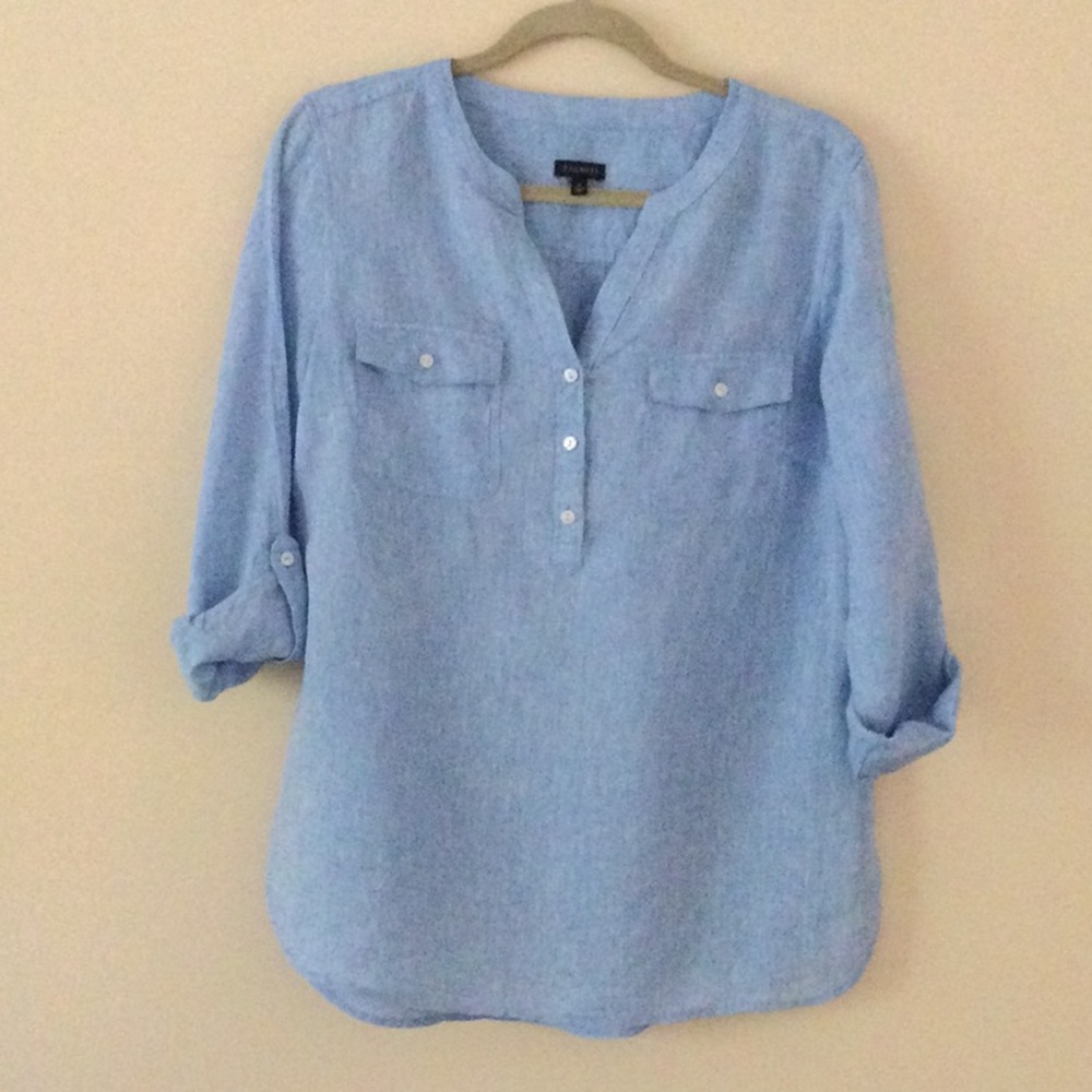 Talbots blue linen popover blouse